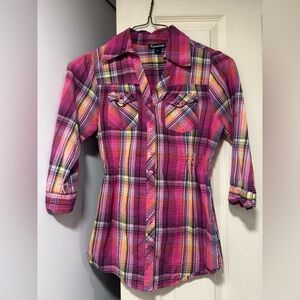 Women's Pink Plaid Button Down Shirt